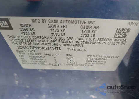 2010 Chevrolet Equinox Lt z USA, uszkodzony, nr VIN 2CNALDEW5A6344475